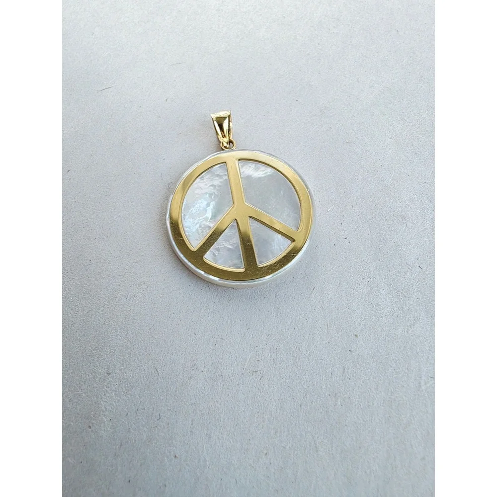 14K Yellow Gold Peace Sign Pendant Mother of Pearl Shell Charm 1 Inch